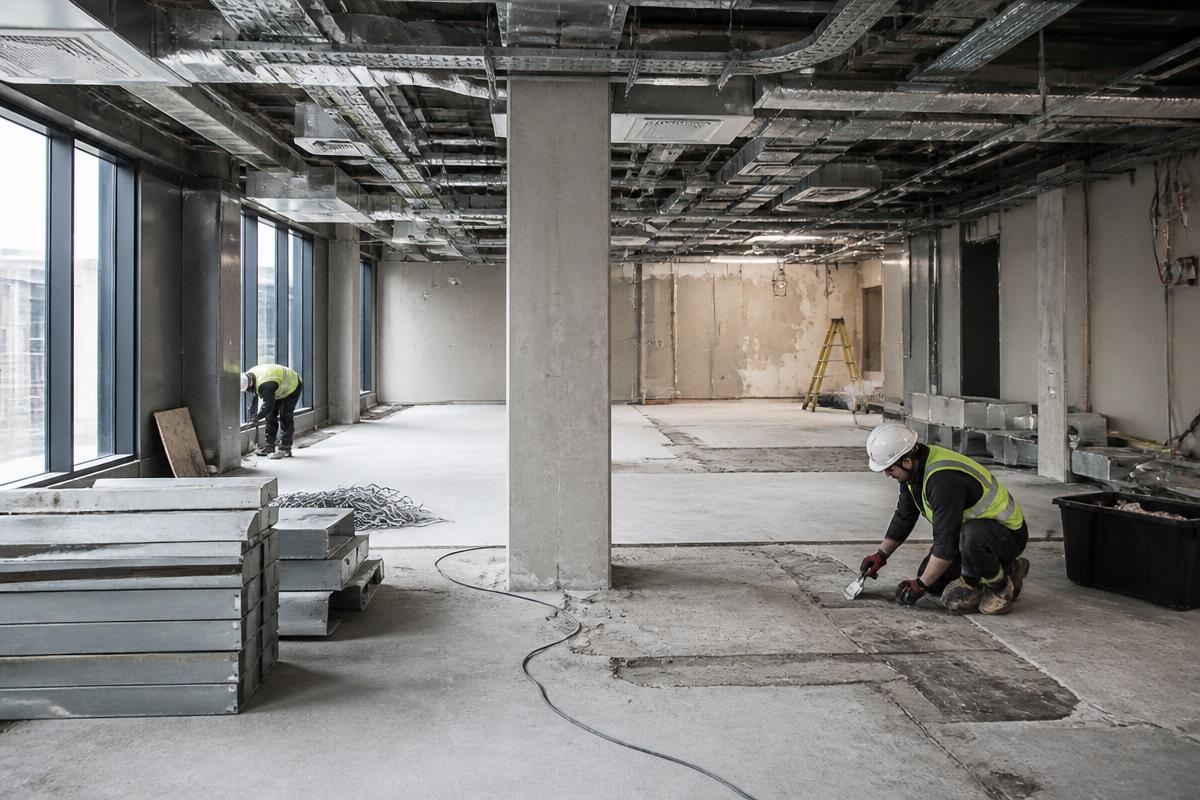 Commercial strip-out crew working in a cleared open-plan unit