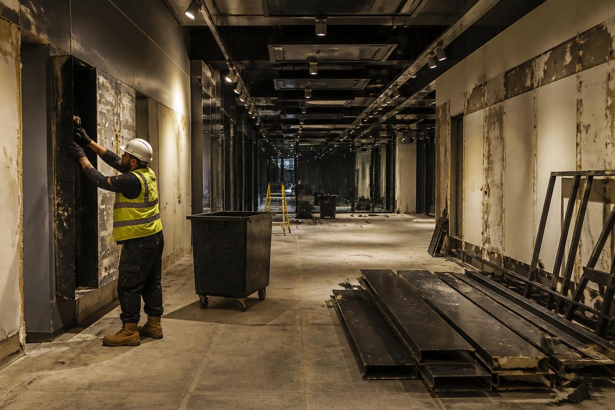 Strip-out worker removing fixtures inside a commercial retail unit