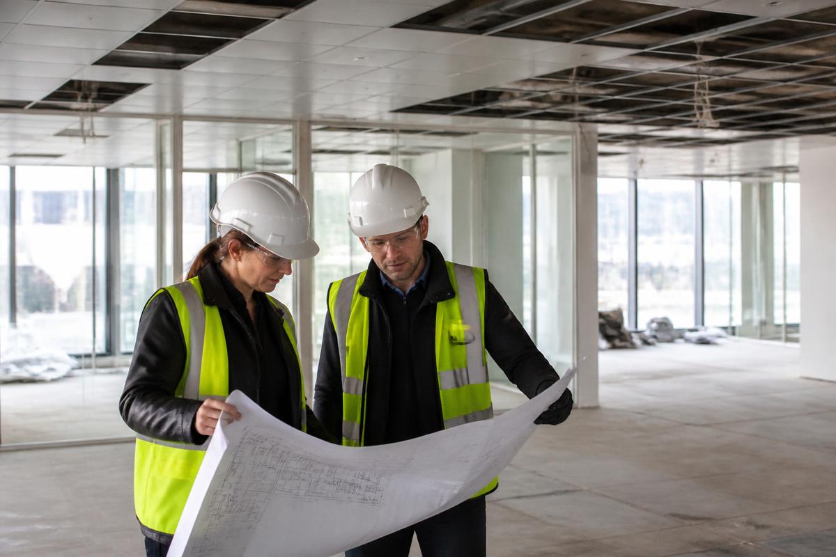 Contractors reviewing plans inside an office prepared for strip-out